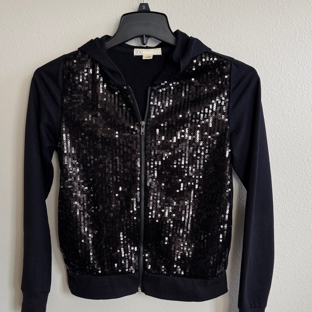 Forever 21 Black Sequin Zip-Up Hoodie Jacket